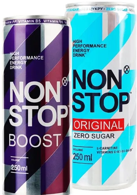 Напиток энергетический Non Stop Original Zero Sugar/Boost, 0.25л; значок 15%; запас ограничен, пока есть, не все магазины