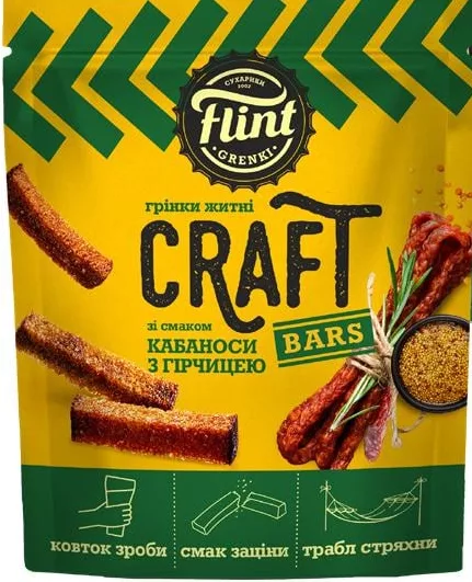 Гренки Flint Craft ржаные, ассортимент кабаносы с горчицей/чеснок, 80г; значок 15%; запас ограничен, пока есть, не все магазины
