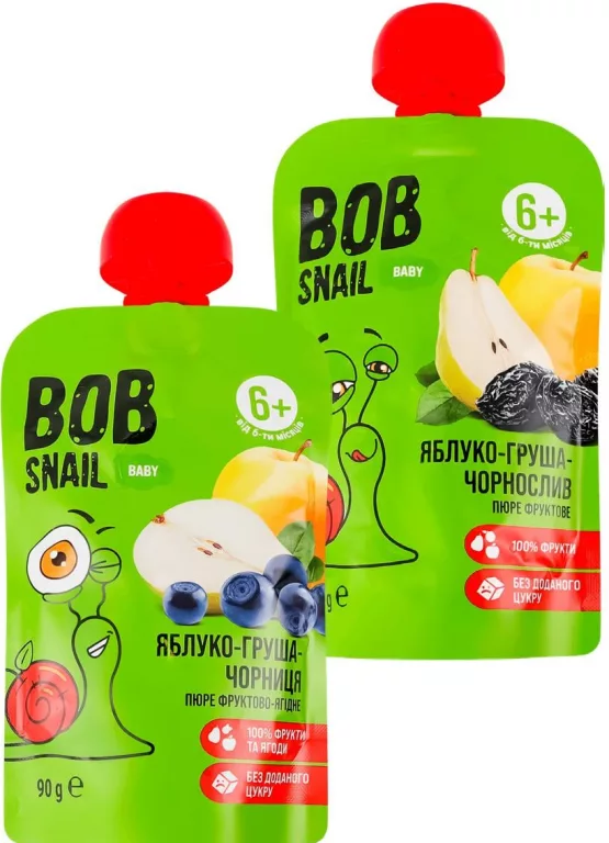 от Пюре детское Bob Snail 6м+, ассортимент яблоко-груша-черника/чернослив, 90г; значок 15%; запас ограничен, пока есть, не все магазины