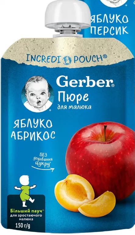 от Пюре детское Gerber, ассортимент яблоко-абрикос/яблоко-персик, 150г; запас ограничен, пока есть, не все магазины