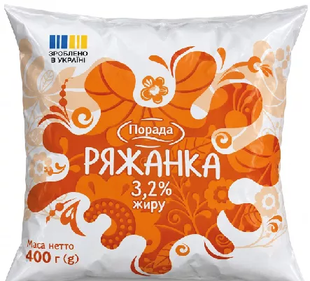 ПОРАДА Ряжанка 3,2%, 400 г; Харків/обл.; обмежено, не всі магазини; ціна на ціннику при купівлі