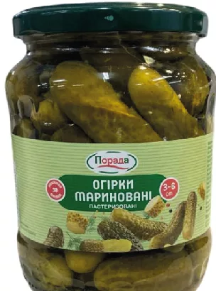 ПОРАДА Огірки мариновані 6–9, 680 г; Харків/обл.; обмежено, не всі магазини; ціна на ціннику при купівлі