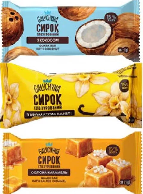Галичина Baton de brânză glazurat, vanilie/cocos/caramel sărat, 15%, 36 g; 01–14.10.2026; în limita stocului; nu în toate magazinele; prețuri variabile; fără puncte Rodyna