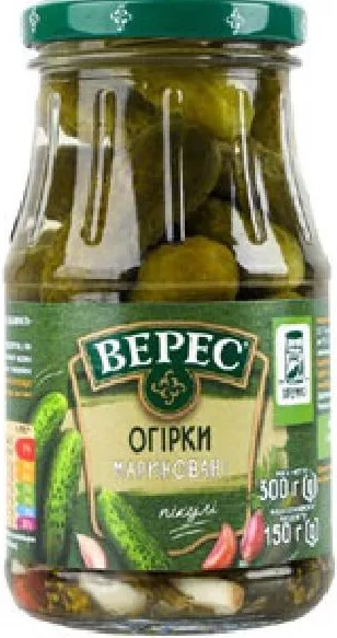 Верес Огурцы маринованные, 300 г (на фото 500 г; без заливки 150 г); 01–14.10.2026; пока есть запас; не все магазины; цены могут меняться; без баллов «Родина»