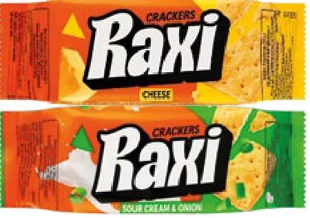 Raxi Crackers cu smântână și ceapă / brânză, 72 g; 01–14.10.2026; în limita stocului; nu în toate magazinele; prețuri variabile; fără puncte Rodyna