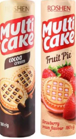 Roshen Biscuiți Multi Cake cacao/căpșuni-cremă/lapte/cocos-cremă, 180 g; 01–14.10.2026; în limita stocului; nu în toate magazinele; prețuri variabile; fără puncte Rodyna