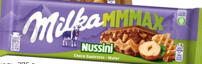 Milka MMMAX Ciocolată cu lapte, arahide-caramel 276 g / Nussini alune, pastă mărunțită 270 g | 01–14.10.26; în limita stocului; nu în toate magazinele; prețuri variabile; fără puncte Rodyna.