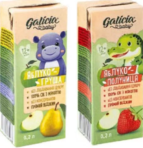 Galicia baby Сок яблоко-клубника / яблоко-груша с мякотью, 0,2 л; 22,90/шт при 2шт; 1шт 28,50 | 01–14.10.26; до исчерпания запасов; не все магазины; цены меняются; без баллов Родина.