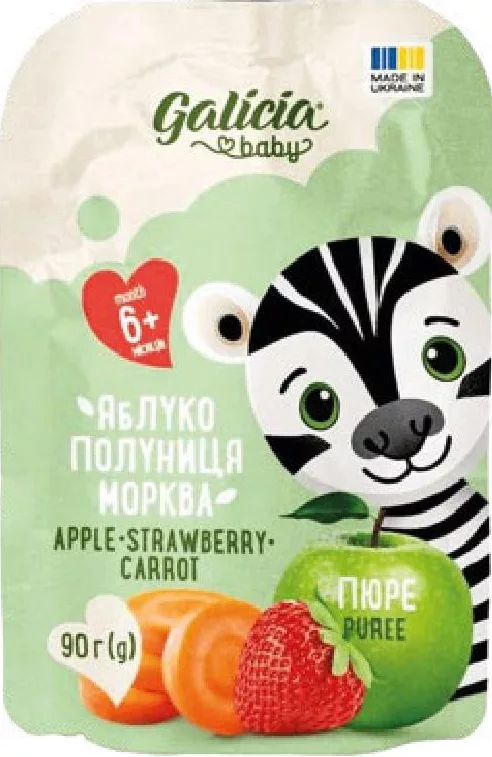 Galicia baby Пюре яблоко-клубника-морковь, 90 г | 01–14.10.26; до исчерпания запасов; не все магазины; цены меняются; без баллов Родина.