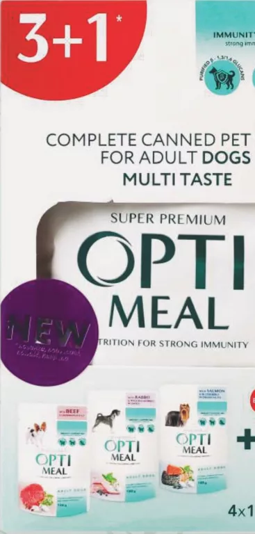 Optimeal Hrană pentru câini adulți, set 3+1, 4×100 g (400 g); 05–11.10.2026; stoc limitat; magazine selectate; prețuri variabile; preț vechi: media rețelei prepromoție