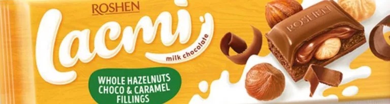 Roshen Lacmi Шоколад молочний з цілим фундуком, шоколадною та карамельною начинками; фасування в групі 275/280/295 г; для зазначених категорій: до 6 од./чек