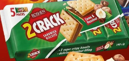 Крекер Roshen 2 CRACK шоколадна / молочно-ванільна / какао-горіхова начинка 190 г; для зазначених категорій: до 6 од./чек