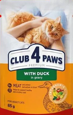 Hrană pisici CLUB 4 PAWS Premium cu rață în sos / curcan în jeleu 85 g (descriere: curcan în jeleu; foto: în sos); pentru categoriile indicate: max. 6 buc./bon