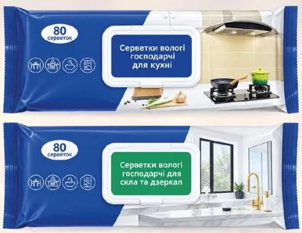 Серветки вологі господарчі для кухні/скла та дзеркал, 80 шт.; 15–21.10.2026; за наявності; ліміт окремих категорій: 6 од./чек