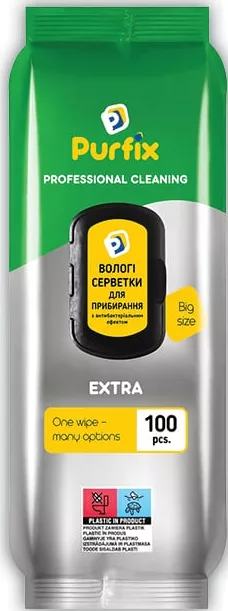 Серветки вологі антибактеріальні для прибирання Purfix, 100 шт.; 18.10.2026; кількість обмежена; позначка «15%»