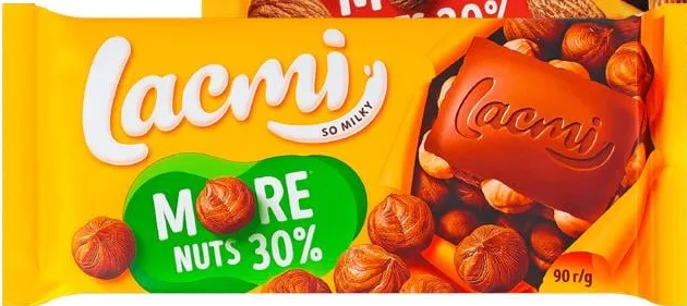 Roshen, шоколад Lacmi з лісовими горіхами або мигдалем, 90 г; позначка «15%»; 15–21.10.2026