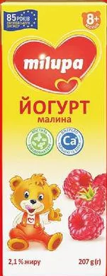 Йогурт Milupa з біфідобактеріями Малина/Банан-суниця/Полуниця-банан/Банан-абрикос 2,1% 207 г; не більше 6 одиниць в одному чеку