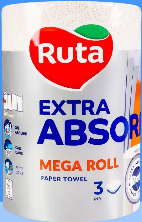 RUTA Рушники паперові 3-шарові Extra Absorb Mega Roll 200 листів; попередня ціна до 139 грн