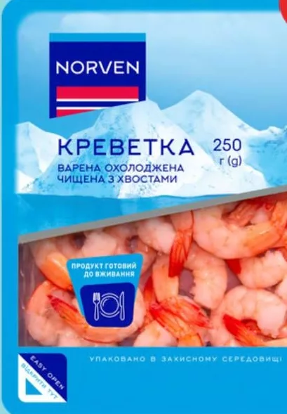 Креветки чищені з хвостами варено-охолоджені Norven, 250 г