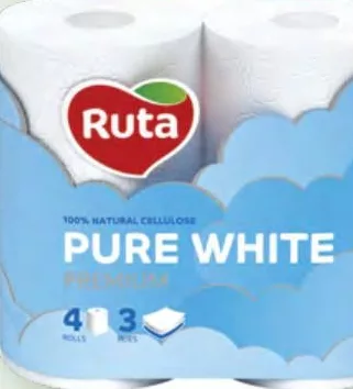 Туалетний папір Ruta Pure White, білий, 3 шари, 4 рулони