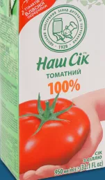 Сік томатний з м’якоттю Наш Сік, 950 мл; 26.10–08.11.2026, ЛотОК у Києві та Київській області, за наявності акційного товару, ціна з ПДВ