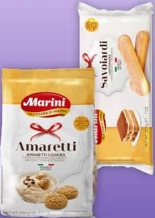 Печиво Marini Амареті / Савоярді, 200 г / 250 г, Італія; ціна від 71,90; 27.10–09.11.2026, за наявності акційного товару, асортимент може бути не в усіх магазинах VARUS, ціна з ПДВ