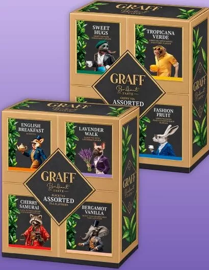 Чай Graff чорний / зелений, асортимент; у підписі 32×48 г / 32×52 г, кількість і загальна маса неоднозначні; 27.10–09.11.2026, за наявності акційного товару, асортимент може бути не в усіх магазинах VARUS, ціна з ПДВ