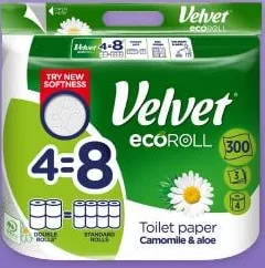 Папір туалетний Velvet Ecoroll Ромашка, 3 шари, 4 рулони, Польща; 27.10–09.11.2026, за наявності акційного товару, асортимент може бути не в усіх магазинах VARUS, ціна з ПДВ