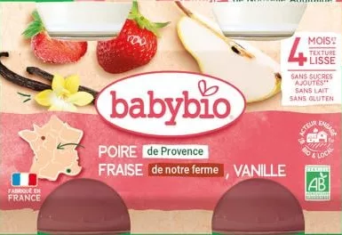 Babybio пюре органічне: манго-яблуко / груша-полуниця-ваніль, від 4 місяців, 130 г, Франція — Ціна від 102.9 UAH. — Акція 27.10–09.11.2026; обмежений запас акційного товару, наявність залежить від магазину VARUS; ціни з ПДВ.