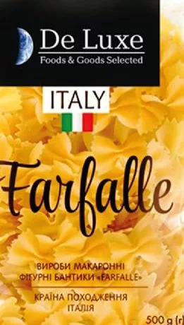 Paste De Luxe Foods&Goods Selected, sortimente, 500 g — Spaghetti, Spaghetti integrali, Penne Rigate, Farfalle, Rigatoni, Fidelini Corti, Eliche, Amorosi; max. 6 buc./bon