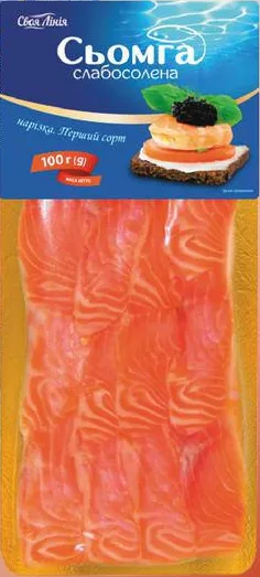 Svoia Liniia Somon slab sărat felii fără piele, calitatea I, 100 g; max. 6 buc./bon