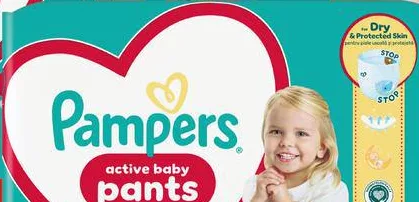 Chiloței-scutec Pampers Pants: 4 (9–15 kg) 35 buc./5 (11–17 kg) 32 buc./6 (13–19 kg) 29 buc.; greutate conform textului; maximum 6 bucăți pe bon
