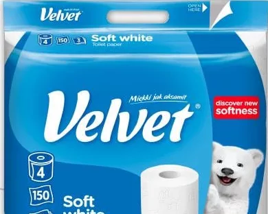 Velvet Soft White Туалетний папір 3-шаровий, 4 рулони; лише 02.11.2026; кількість обмежена