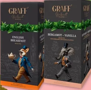 Чай чорний в асортименті GRAFF 20×1.5 g / 20×2 g; ціна від 49.9; позначка 15%, умови не уточнені